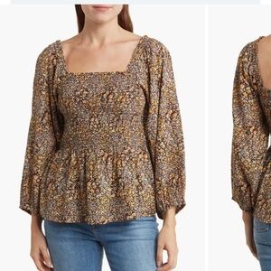 NWT Madewell Lucie Floral Smocked Top, True Black/Brown, Size 2